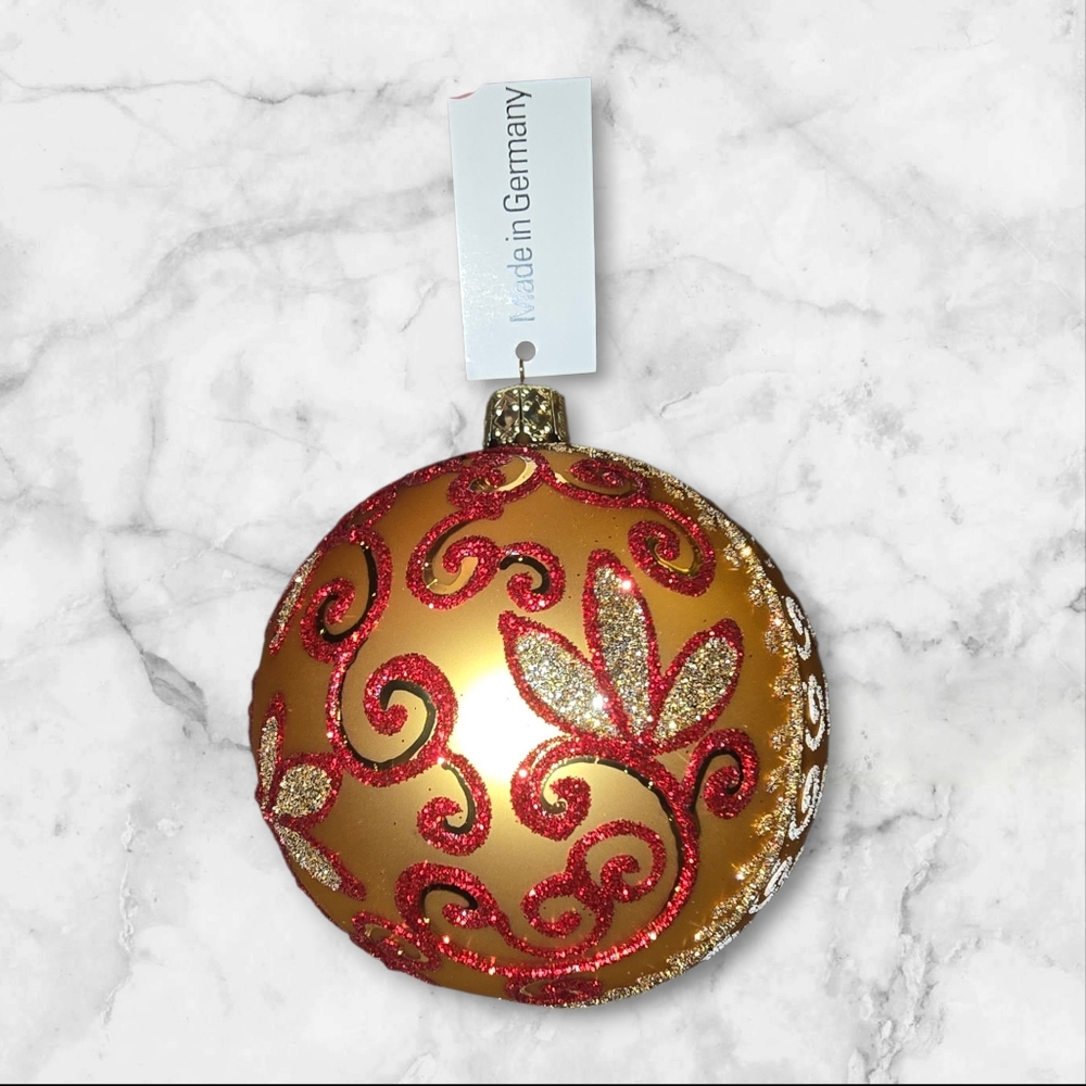 New Christborm Gold and Red Holiday Glass Ornament